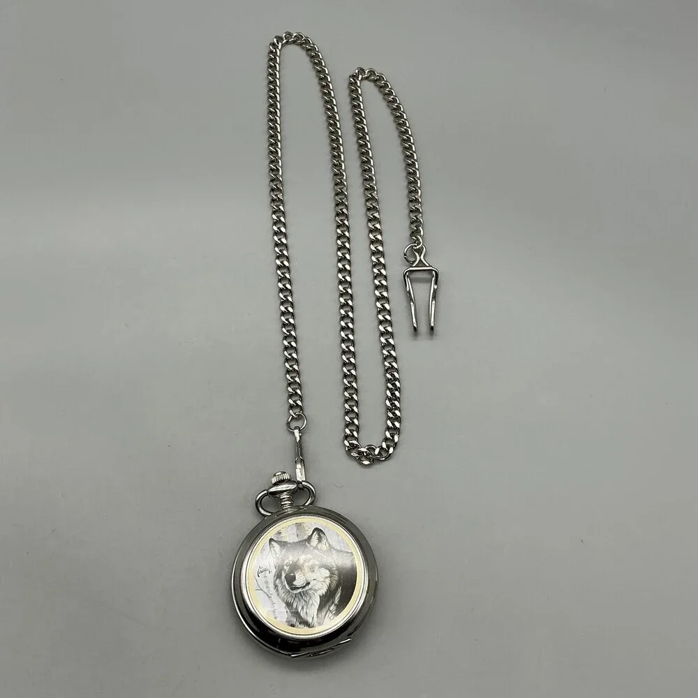Al Agnew Pocket Watch Men 46mm Silver Tone Wolf Full Hunter Chain New Battery